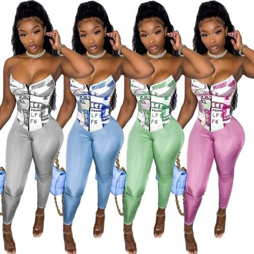 Sexy Women Print Two Piece Set Sleeveless Crop Top + Skinny Pants Streetwear Tracksuit Women Clothes Outfit