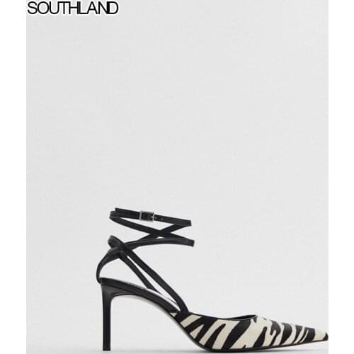 SOUTHLAND Zebra Pattern Strap Pointed Toe Sandals Shoes Women Thin High Heels Sexy Pumps Party Dress Shoes Slingback Sandal