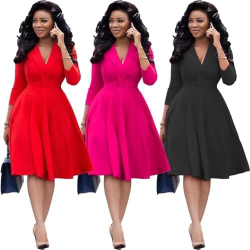 GuyaWax Women A Line Dress Office Ladies Elegant Pleated V Neck Three quater Sleeves Knee Length Elastic Plus Size