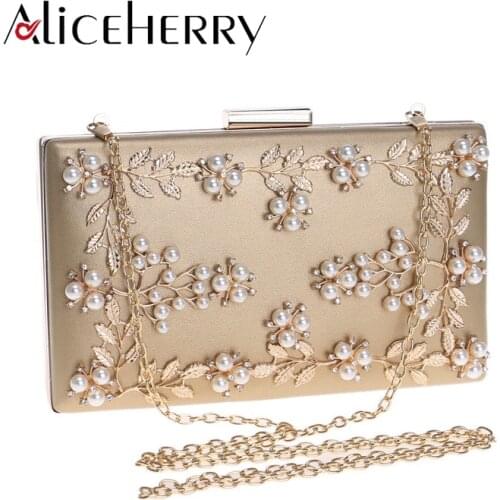 2019 Handmade Flowers Evening Bag Luxury Wedding Bridal Clutches Box Bag Women Pearl Party Handbag Pu Leather Purses Wallet Gold