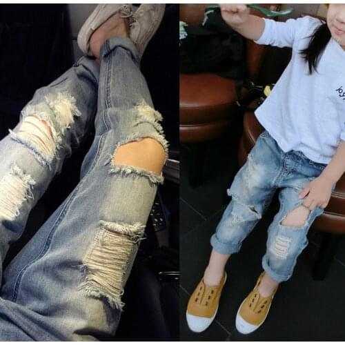 High quality Baby Girls Jeans Wild Childrens hole jeans Light-colored trousers Kids Loose Denim Pants Clothing