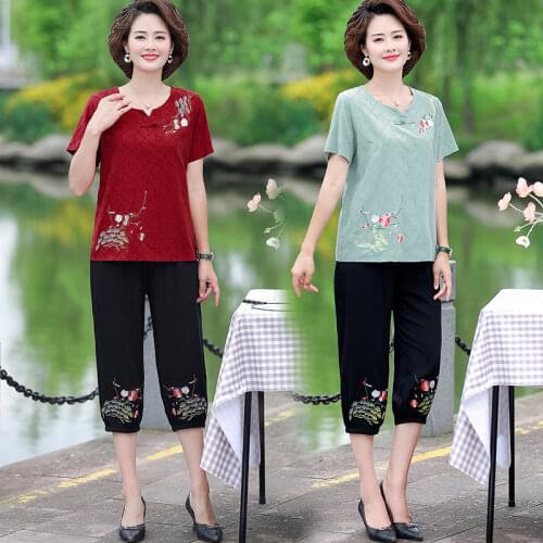 Middle-aged Women 2 Piece Set Summer Suits Short Sleeve Print Tops and Pants Sets Plus Size Two-piece Suits Women Clothing L407