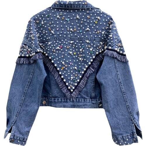 2020 New Fashion Bead Diamond Denim Jacket Women Coat Hand-studded Tassel Femme Loose Short Jeans Coats Student Streetwear P390