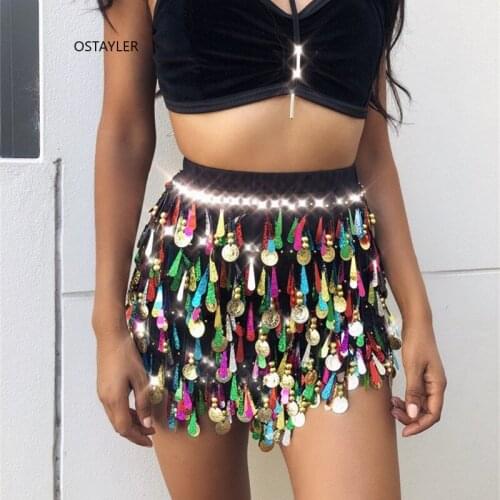 2019 Fashion Women Night Club Party Show Sexy Sequined Skirt Colorful Sequins Fringe Rivet Short Skirt Summer Street Skirt