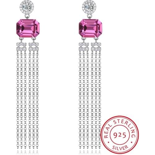 Crystals Earrings Dangle for Women Drop S925 Sterling Silver Girls Pink Fine Jewelry Fashion Tassel