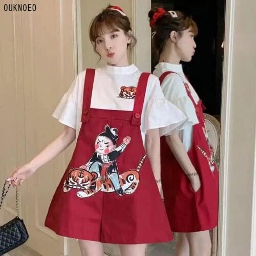 Womens Jumpsuit Oversized Cartoon Printed Wine Red Korean Preppy Style Loose High Waist Strap Shorts 2021 Summer Woman Overalls
