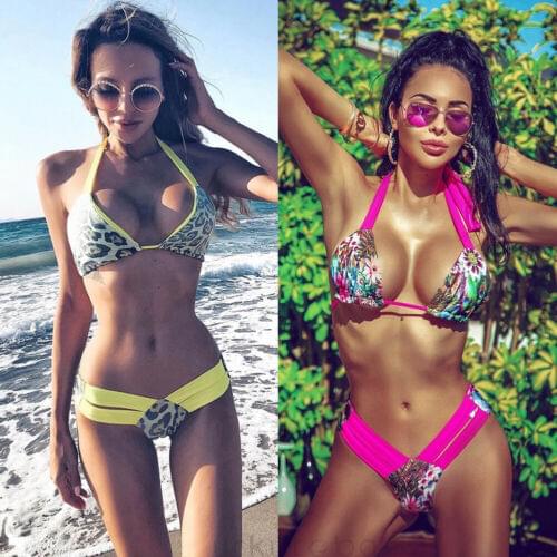 Womens Padded Push-up Bra Bikini Set Ladies Summer Sexy Leopard Floral Printed Swimsuit Swimwear Beachwear Bathing Suit
