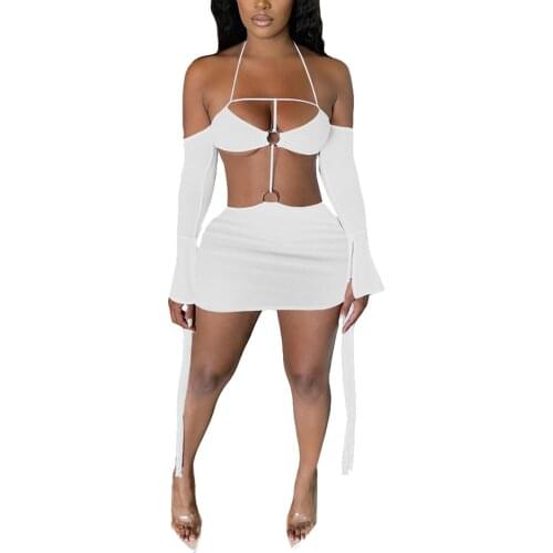 Women Sexy Hollow Out Dress with Oversleeves, Halter Neck Off-the-shoulder Short Skirt, S/ M/ L/ XL