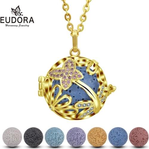 Eudora gold 18 mm Flower cage locket Necklace with 7 Chakra Volcanic Stones Beaded Necklaces Meditation Healing Jewelry K224