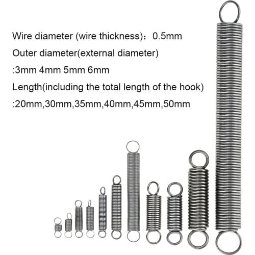 10PCS 304 Stainless Steel Dual Hook Small Tension Spring Hardware Accessories Wire Dia 0.5mm Outer Dia 3 4 5 6mm Length 20-50mm