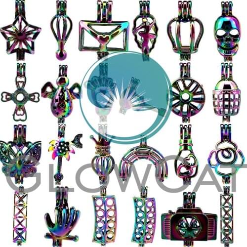 1X Rainbow Beads Cage Sports Camera Bend Tube Skull Butterfly Bottle Cross Dance Girl Perfume Diffuser Pearl Cage Locket Charms