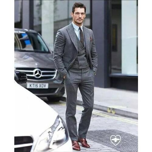 2019 Grey Tweed Mens Dinner Party Prom Suit (Jacket+Pant+Vest) Groom Tuxedos Groomsmen Wedding Blazer Suits For Men Stylish