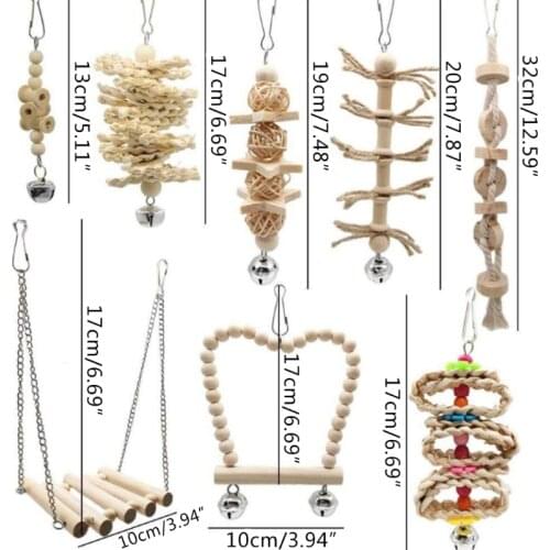 8 Pcs/set Bird Parrot Swing Chew Toys Natural Wood Hanging Bell Birds Cage Decoration Climbing Toy
