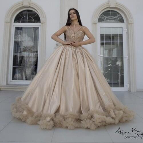 Champagne prom dresses 2019 sequins beading lace appliques satin evening dresses ball gown evening gowns