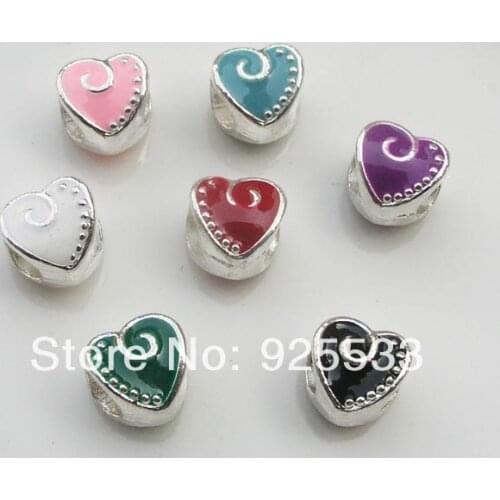 Free shipping 50pcs/lot mix color oil-drip silver plated big hole heart beads fit European DIY bracelet jewelry