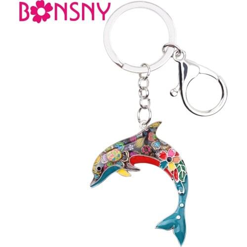 Bonsny Enamel Metal Statement Dolphin Key Chain Ring For Women Handbag Charm Key Holder New Ocean Animal Jewelry Accessories