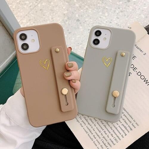 Luxuly Heart Fashion Wrist Band Holder Phone Case For iPhone 11 12 Pro XS Max XR 8 7Plus Solid Color Soft Shockproof Cover Shell