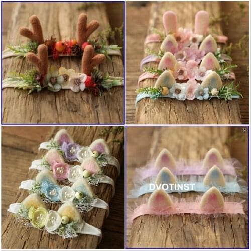 Dvotinst Newborn Baby Photography Props Handmade Cute Cat Floral Headband Headwear Headdress Fotografia Studio Shoot Photo Props