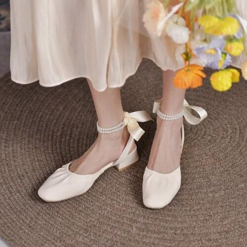 Exquisite Pearl Decoration Baotou Sandals Summer New Style Elegant Temperament Mid-Heel Ladies Sandals