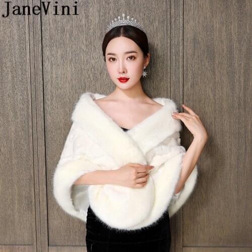 JaneVini Gorgeous Pattern Women Capelet Faux Rabbit Fur Winter Wedding Coats for Brides Wedding Dress Cape Shoulder Wrap Bolero