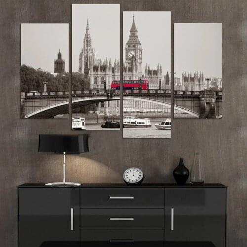 Retro Style 4 Piece London Red Bus Canvas Print Oil Painting Home Decor Wall Art Picture for Living Room No Framed