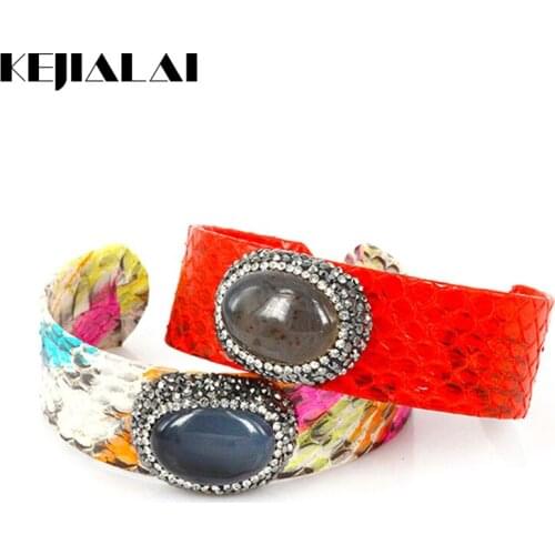 KEJIALAI Python Leather Bangle Women Punk Natural Stone Rhinestone Adjustable Open Cuff Bangles Fashion Bangle Luxury Jewelry
