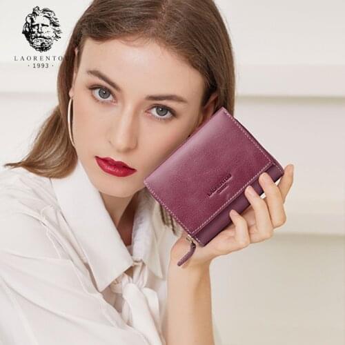 LAORENTOU Genuine Leather Women Small Wallet Large Capacity Card Holder Lady Vintage Money Bag Female Zipper Coin Case Key Bag