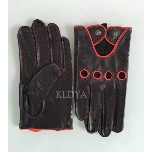 Summer Thin Mens Leather Gloves Mittens Hole Button Breathable Sheepskin Genuine Leather Men Driving Gloves For Women Mittens