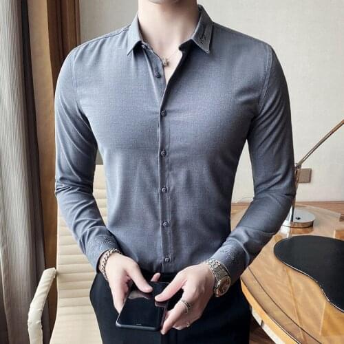 Winter Collar Fashion Embroidered Men Shirt Mens Slim Fitting British Business Formal Wear Anti Wrinkle Shirt Grey