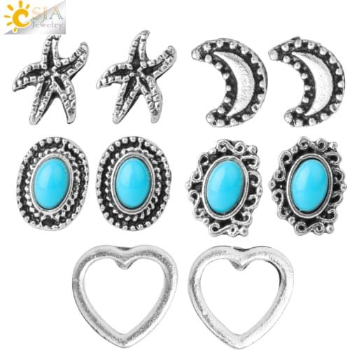 CSJA Vintage 5 Pairs/set Stud Earrings Set Heart Star Moon Boho Antique Silver Color Earring for Women Girl Fashion Jewelry G121