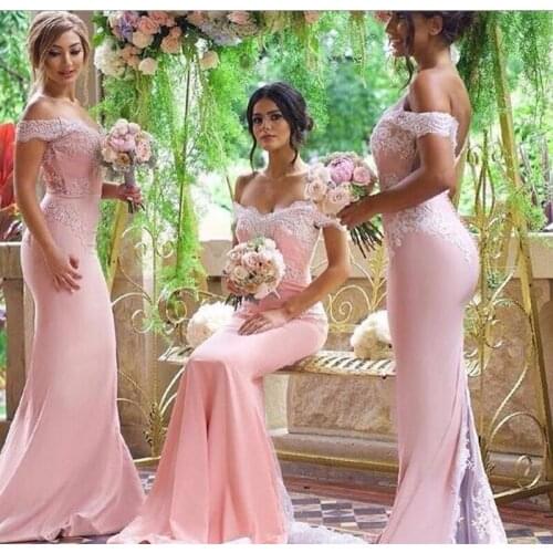 2021 New Mermaid Bridesmaid Dresses Off the Shoulder Lace Applique Pink Sexy Maid Of Honor Wedding Party Formal Prom Gowns Long