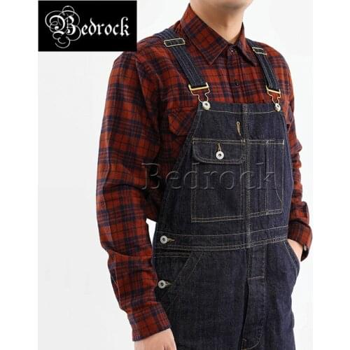 Bedrock 14oz high quality vintage denim overalls heavy raw denim jeans washed blue Ami khaki dungaree suspenders for men 7293