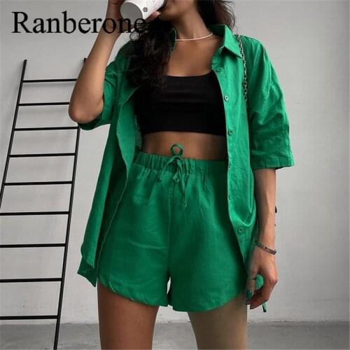 Ranberone Casual Lounge Wear Summer Tracksuit Women Shorts Set Short Sleeve Shirt Tops And Loose Mini Shorts Two Piece Set 2021