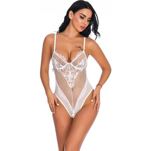 Womens Erotic Underwear Sexy Lace V-Neck Hollow Out Bodysuit Romper Fashion Sleeveless See Through Teddy Lingerie Jumpsuit