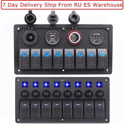 12-24V 8 Gang Led Rocker Switch Panel Overload Protection 5V 3.1A Switch Panel With Dual USB Charger Voltmeter Sticker Label Set