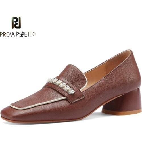 Cowhide Square-toe Thick-heeled Shoes In The Fall of 2021 New Pearl Rhinestone Loafers Fashion Mid-heel Small Leather Shoes