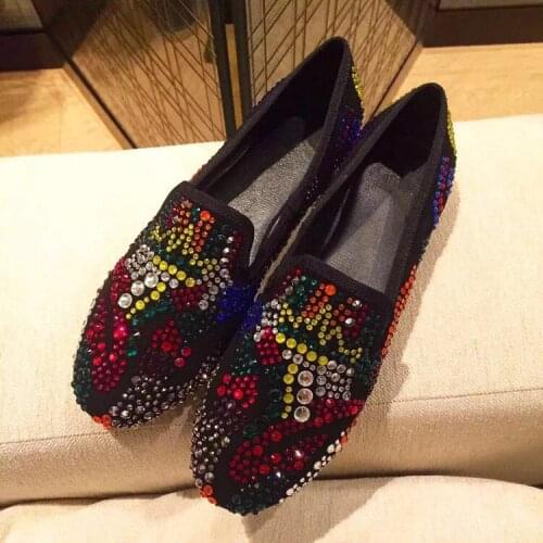 YUE JABON loafers shoes women luxury colorful crystal slip on platform casual shoes woman shinning bling solid flat heels shoes