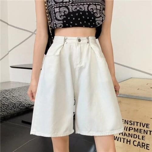 High waist slim denim pants five-point pants womens summer new thin section large size loose Korean wide-leg shorts