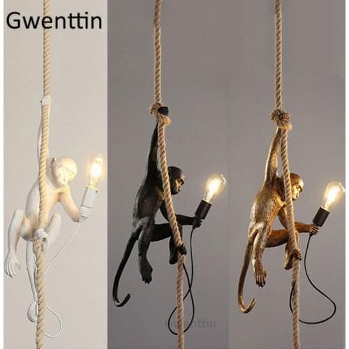Black/White/Gold Monkey Lamp Replicas Seletti Vintage Pendant Lights Hemp Rope Hanging Lamps Dining Room Loft Industrial Decor
