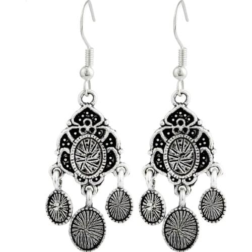 TUMBEELLUWA Vintage Tibetan Silver Oval Embossed Dangle Drop Hook Long Earrings For Women