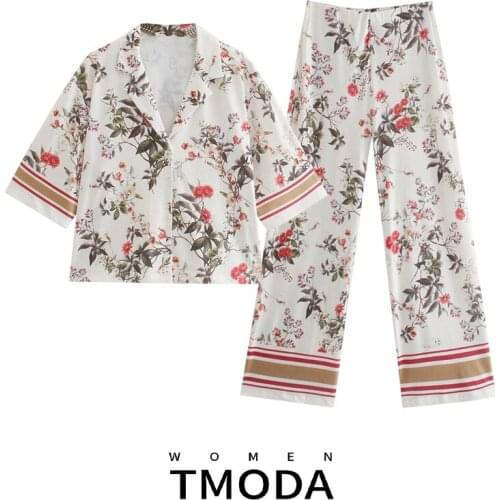 TMODA1721 ZA 2021 Summer Women Floral Printed Short Sleeve Blouse Shirt + Ladies Long Pant Girls Outfits Female 2 Pieces Sets