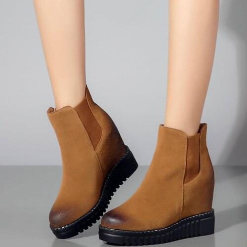 2020 Fashion Sneakers Women Genuine Leather High Heel Ankle Boots Female Slip On Round Toe Wedges Platform Trainers Casual Shoes