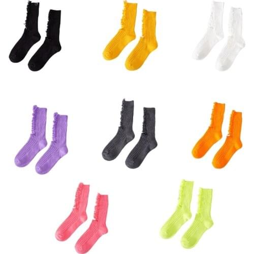 Women Summer Beggar Shabby Ripped Hole Crew Socks Harajuku Ribbed Knit Fluorescent Solid Color Skateboard Tube Hosiery