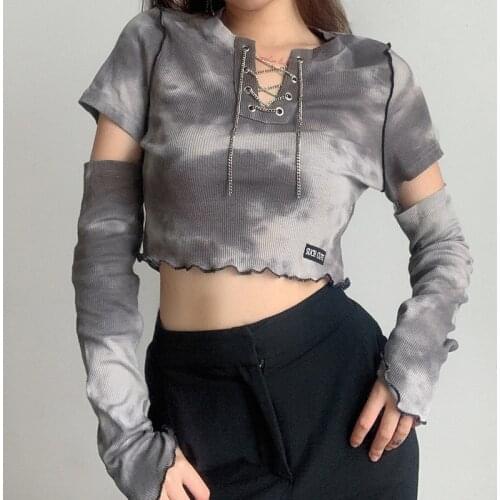 Women Fashion Ribbed Tops Lady Girls Cross Bandage Tie Dye Print Long Sleeve Lace Up T-Shirts Female Autumn Clubwear