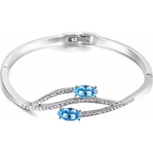 COCOM Simple Design Bangle Bracelet with Blue Austrian Crystals Rhodium Plating Luxury Birthday Jewellery Gift for Women Girls
