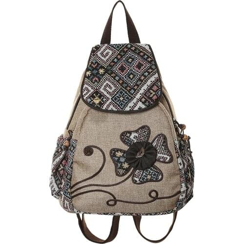 Women Linen Backpack Teenager Girls Casual Floral Embroidered Vintage Art Shoulder School Student Book Bag Retro Canvas Backpack