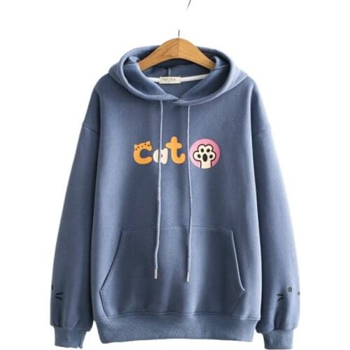 Womens Hooded Pullover Caroon Print Sweatshirt Harajuku Long Sleeve Hoodies Sweet Style Fellce Warm Pullover Tops For Teen Girls