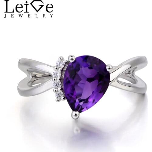 Leige Jewelry Wedding Ring Natural Amethyst Ring February Birthstone Pear Cut Gemstone Purple Gems 925 Sterling Silver Ring