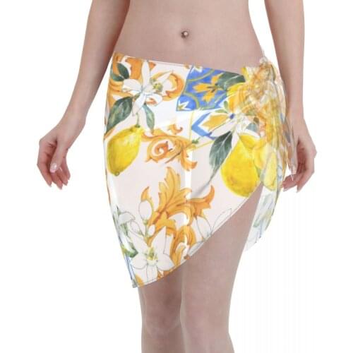 Women Beach Bikini Cover Up Golden Monograms Flowers Of Lemon Wrap Skirt Sarong Scarf Beachwear Bathing Suit Beachwear Swimsuits