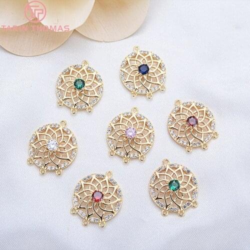 2PCS 18x15MM 24K Gold Color Plated Brass with Zircon Hollow flower Round Charms Pendants High Quality Diy Jewelry Accessories